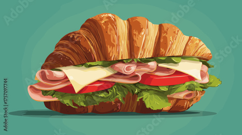 Vector illustration of a savoury croissant sandwich with ham, cheese, tomatoes and lettuce
