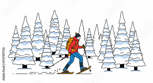 Snowshoeing Man in Winter Forest, Red Jacket, Backpack, Adventure.