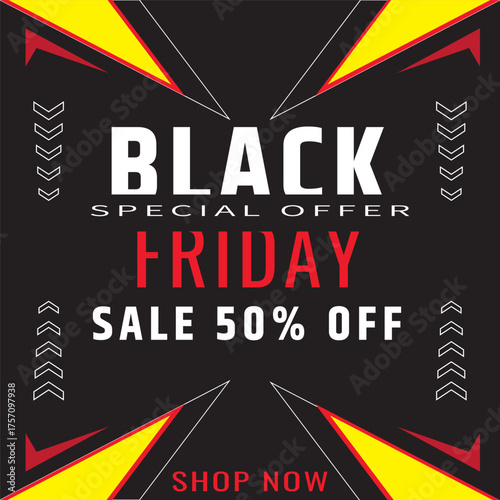 Modern Black Friday Special Offer Advertisement Featuring Bold White and Red Typography, Yellow Triangular Graphics, and Dynamic Chevrons on a Black Background for Seasonal Promotion