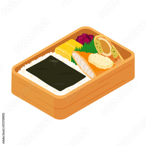  Isometric Japanese nori bento with fried white fish, chikuwa isobeage, tamagoyaki and pickles - flat vector illustration, Japanese lunchbox icon