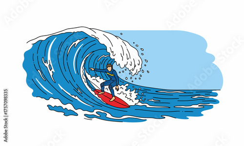 Surfer riding a large blue wave with white foam cresting in the ocean.