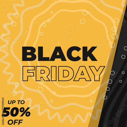 Vibrant Black Friday Sale Banner Featuring Bold Black Typography on Yellow Background with White Squiggly Lines, 50% Off Message, and Modern Dark Gray Accent for Online Promotions