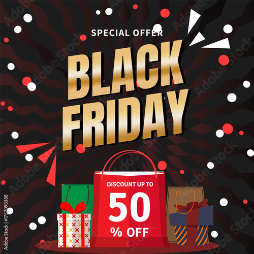 Exciting Black Friday Sale Logo Featuring Up to 50% Off Discount Message, Product Graphics, and Bold Central Typography Promoting Limited Time Shopping Deals and Big Savings for Customers