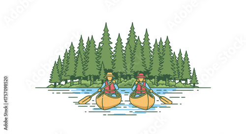 Two canoes with paddlers on a lake surrounded by evergreen trees.