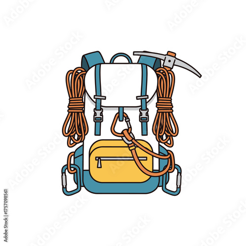 Mountaineering Backpack with Ice Axe and Ropes, Ready for Adventure.