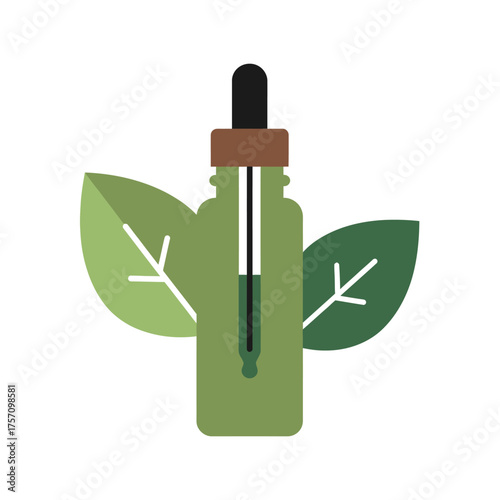Natural Herbal Extract in a Bottle with Dropper and Green Leaves.