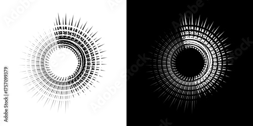 Dynamic abstract spiral sound wave rhythm lines. Circular spiral sound wave rhythm of lines. Circular futuristic abstract lines, black and white background.	
