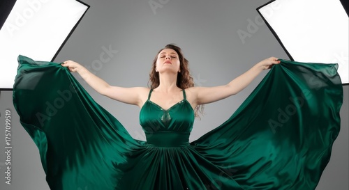 Elegant Woman Posing in a Flowing Emerald Green Satin Gown in a Photography Studio