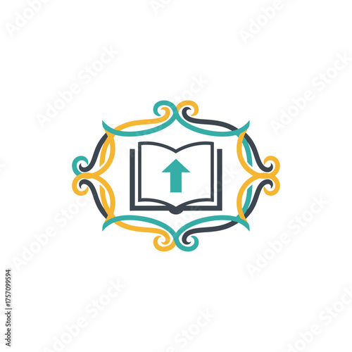 Open Book with Arrow Inside Ornate Frame Symbolizing Knowledge and Progress.