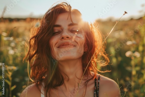 Portrait of a serene woman with closed eyes, basking in the golden sunlight of a flower field, expressing tranquility and peace
