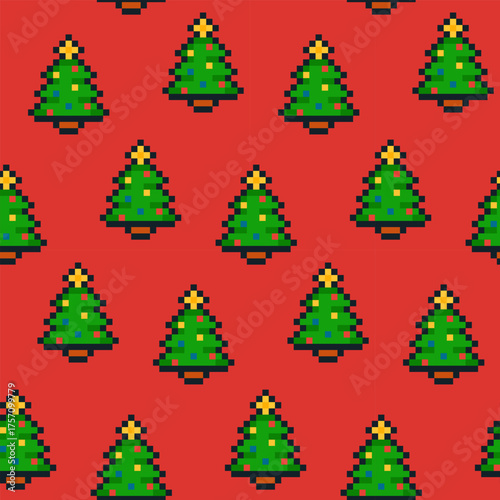 Seamless pixel art pattern featuring decorated Christmas trees on a festive red background. Perfect for holiday wrapping paper, textiles, greeting cards, wallpapers and digital designs.