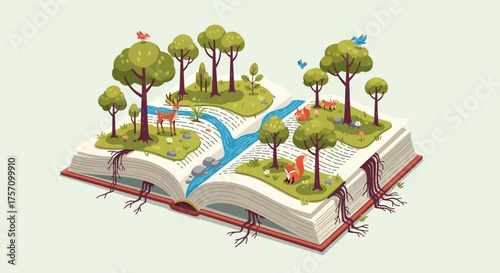 Open Book with Miniature Forest and Animals, Storytelling and Imagination Concept.