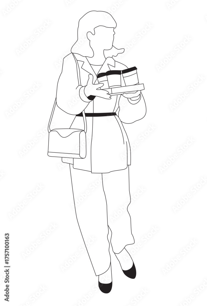 Fototapeta premium Young Woman Walking with Coffee Tray – To-Go Cups Illustration SVG Vector