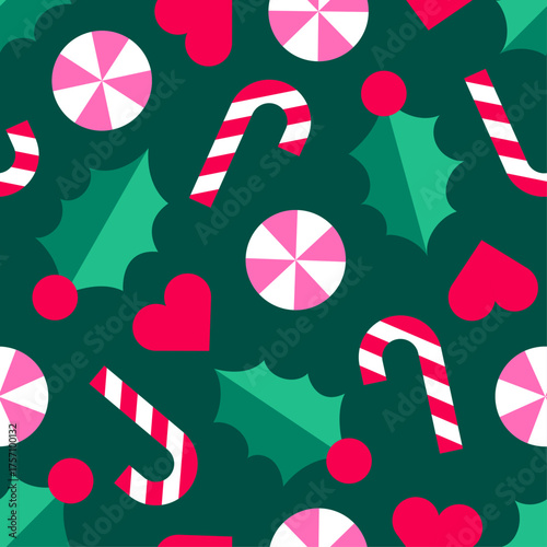 Cute candy, holly berry and heart seamless pattern design for Christmas and new year celebration background.