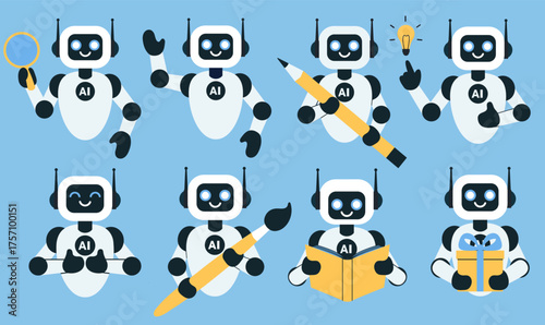 Friendly AI Robots Set with Different Activities and Emotions. Such as reading, painting, giving gifts and more. Perfect for illustrating artificial intelligence, technology, robotics, creativity
