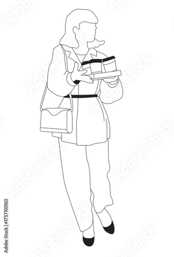 Young Woman Walking with Coffee Tray – To-Go Cups Illustration SVG Vector