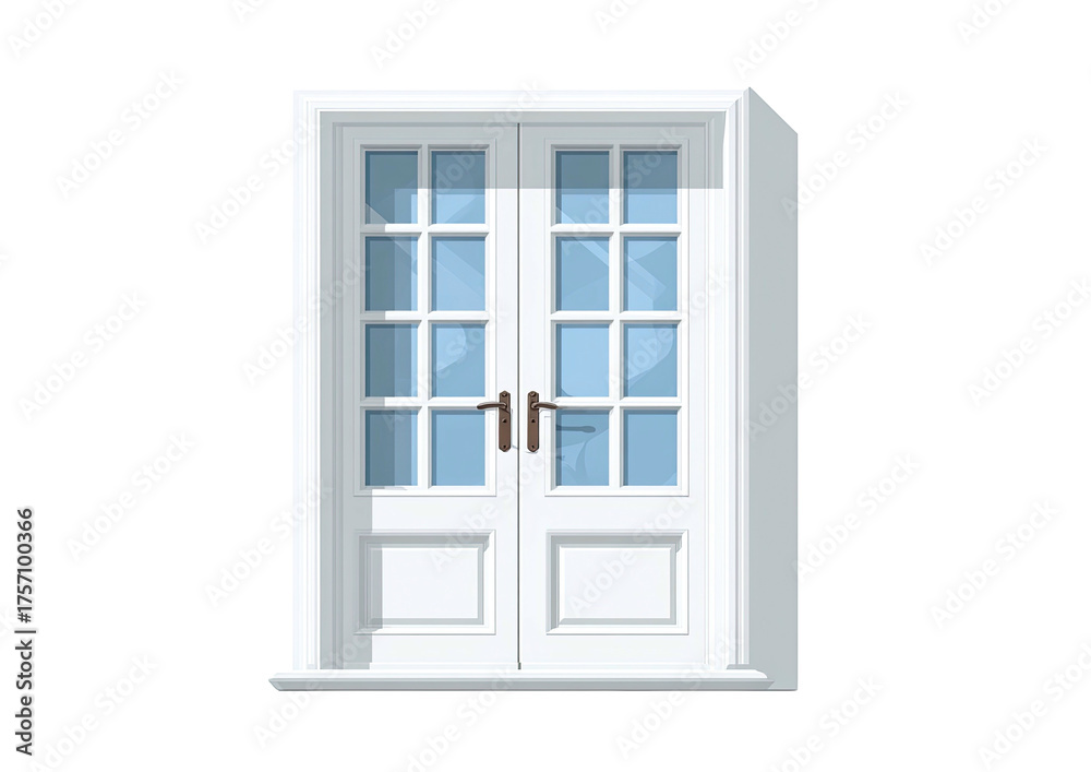 Fototapeta premium Paneled white double doors; light blue glass