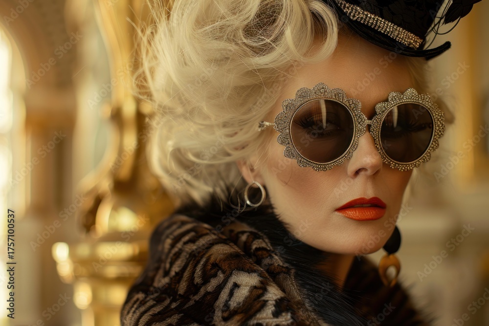 Fototapeta premium Stylish woman with sunglasses, fur and orange lipstick posing in luxurious palace