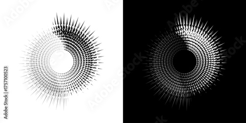 Dynamic abstract spiral sound wave rhythm lines. Circular spiral sound wave rhythm of lines. Circular futuristic abstract lines, black and white background.	
