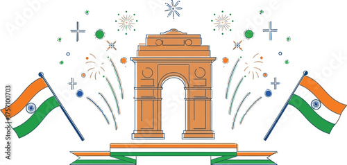 Celebrate India's Republic Day with vibrant flags, fireworks, and the iconic India Gate, perfect for festive greetings and patriotic promotions