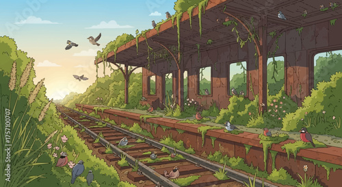 Overgrown Abandoned Train Station with Nature Reclaiming the Tracks.