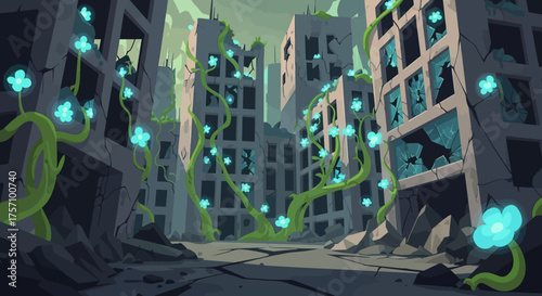 Overgrown Cityscape with Bioluminescent Flora in a Post-Apocalyptic Setting.