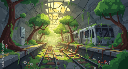 Overgrown Subway Station with Trees and Abandoned Train.