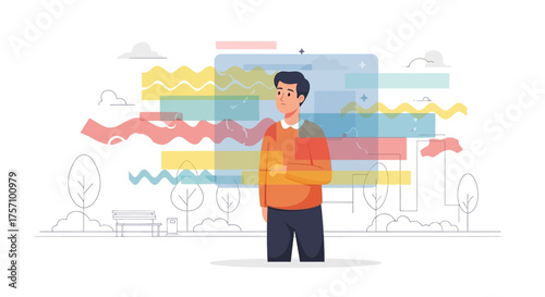 Overwhelmed Man with Abstract Thoughts and Schedule.