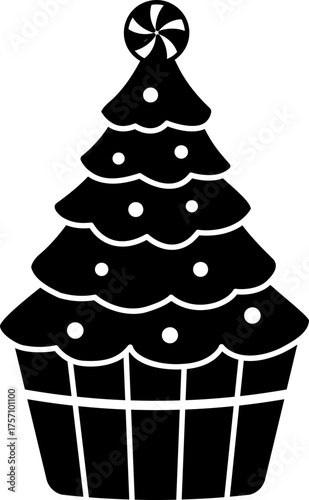 Christmas tree cupcake  decorated Candy silhouette isolated.
Holiday festive dessert.
Transparent background. SVG.