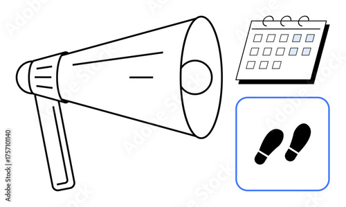 Megaphone, calendar with marked dates, and footsteps reinforce communication, scheduling, action, and teamwork. Ideal for events, management, strategy planning marketing progress visualization