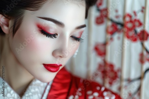 Young japanese woman with red makeup and kimono posing near traditional japanese screen