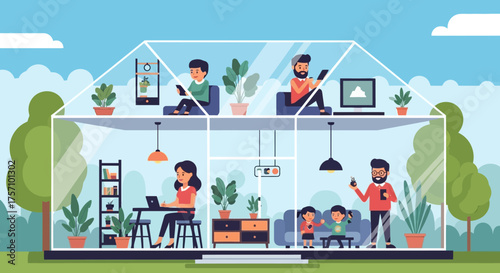 People Working and Living in a Greenhouse Home Illustration.