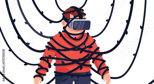 Person Entangled in VR Cables - Virtual Reality Immersion.