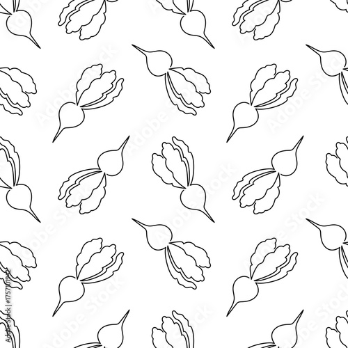 Single line Radish doodle seamless pattern. Vector Food vegetable flat texture on white background. Radish in Doodle style. Line art