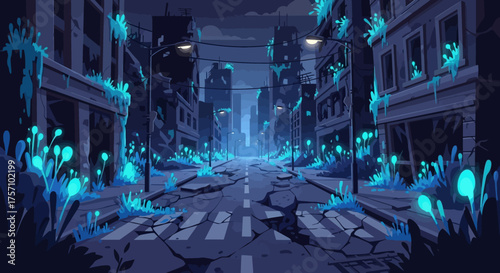 Post-Apocalyptic Cityscape with Glowing Flora and Ruined Buildings.