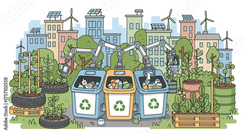 Recycling Bins and Sustainable Cityscape - A Vision of Eco-Friendly Living.