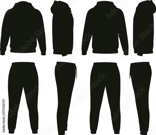 silhouette, clothing set, tracksuit, hoodie, sweatpants, sportswear, casual wear, loungewear, garment, apparel, fashion, illustration, technical drawing, flat sketch, front view, side view, back view,