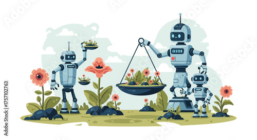 Robots Gardening with Flowers and Plants in a Whimsical Scene.