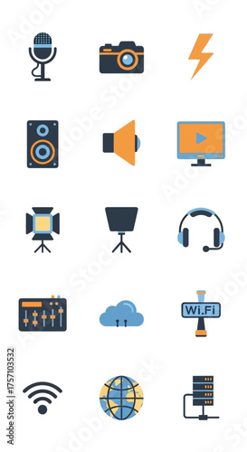 Set of technology and media icons for design projects.