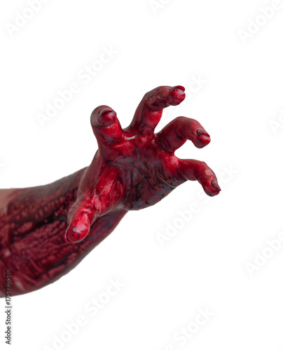 Hand covered in blood reaching out against a transparent background