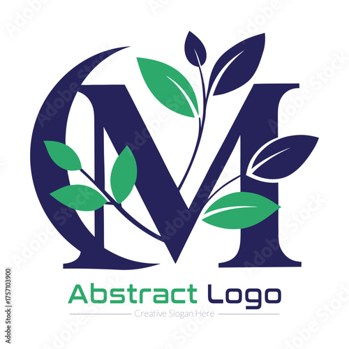 Elegant dark blue letter m logo design with green leaves and abstract organic elements symbolizing growth and nature