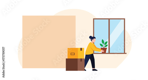 Moving Into A New Home With Boxes And A Plant