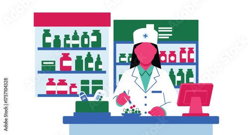 Pharmacist Preparing Medications at a Pharmacy Counter with Shelves of Medicine