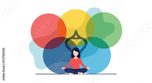 Woman Practicing Meditation Surrounded by Vibrant Colorful Bubbles