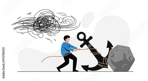 Man struggling to pull heavy anchor from turbulent thoughts cloud