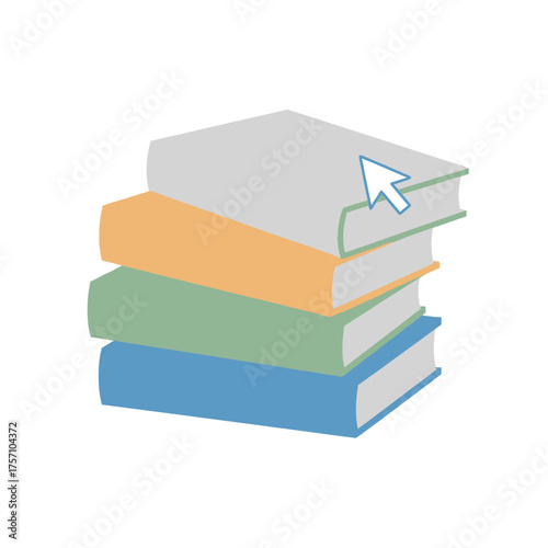 Stack of colorful books with a mouse cursor hovering above them.