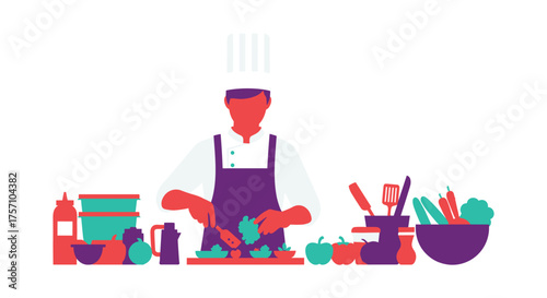 Skilled Chef Preparing Fresh Ingredients for a Delicious Meal in a Vibrant Kitchen Environment