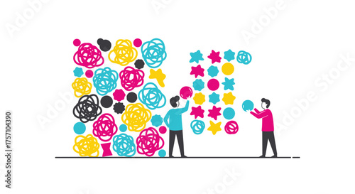 Two people are building a wall with colorful shapes and scribbles