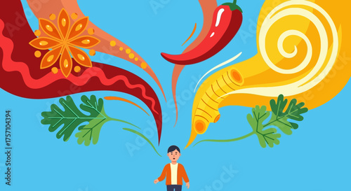 Spicy Food Overload - Man Surrounded by Chili Peppers and Spices.