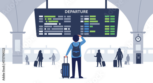 Traveler Confused Looking at Departure Board in Busy Train Station